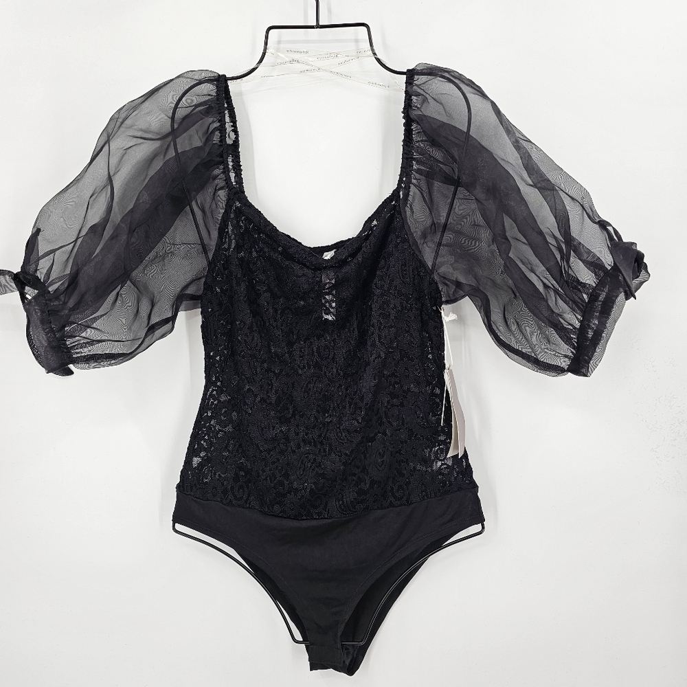 Melograno rico Black Puff Sleeve Bodysuit Floral Sheer Top Size M